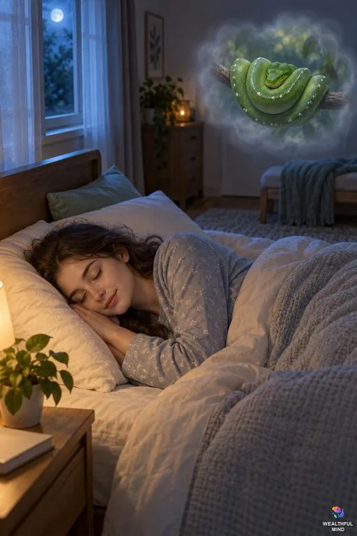 Snake dream meaning: a young woman sleeping calmly as a soft dream image of a green tree python floats above her bed