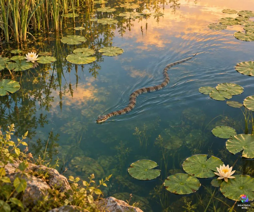 Snake in water dream meaning: a northern water snake swimming slowly across a calm pond with lily pads