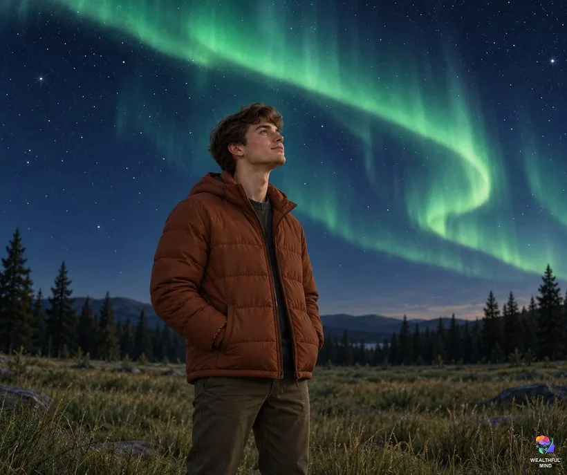 Solar flares and ascension symptoms: a young man in a field calmly watching northern lights at night