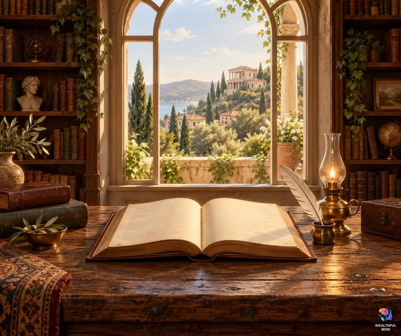 Someone talking about you belief: an old open book and quill on a library table beside an arched window
