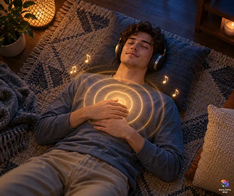 Sound shifting methods without visualization: a young man with headphones as a soft heartbeat glow pulses from his chest