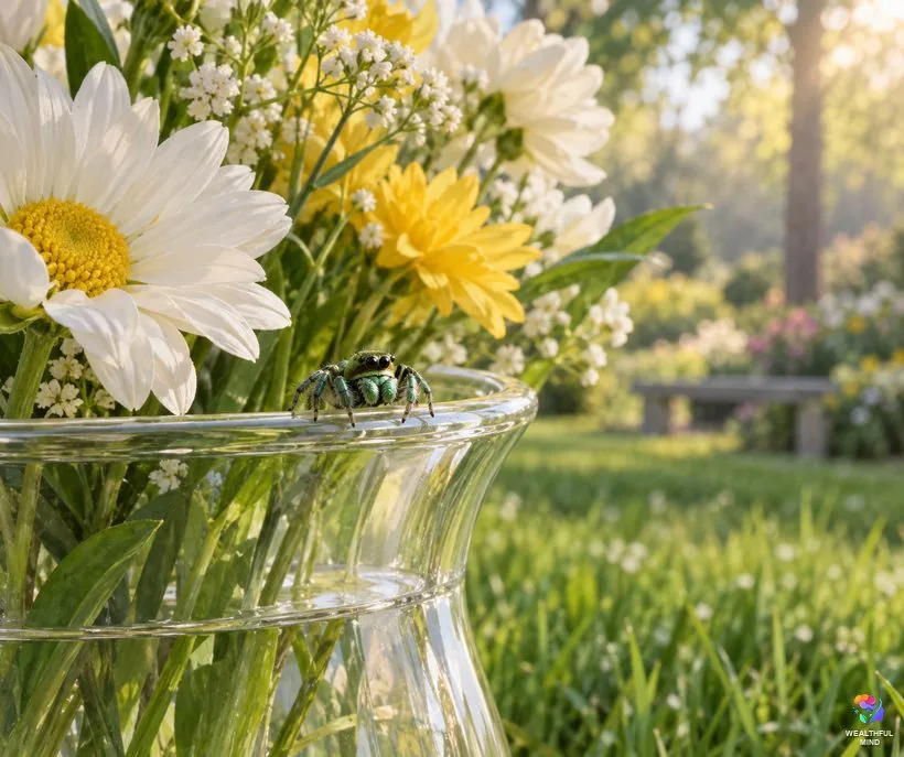Spider after someone dies: a small green jumping spider on a vase of fresh flowers in a quiet memorial garden