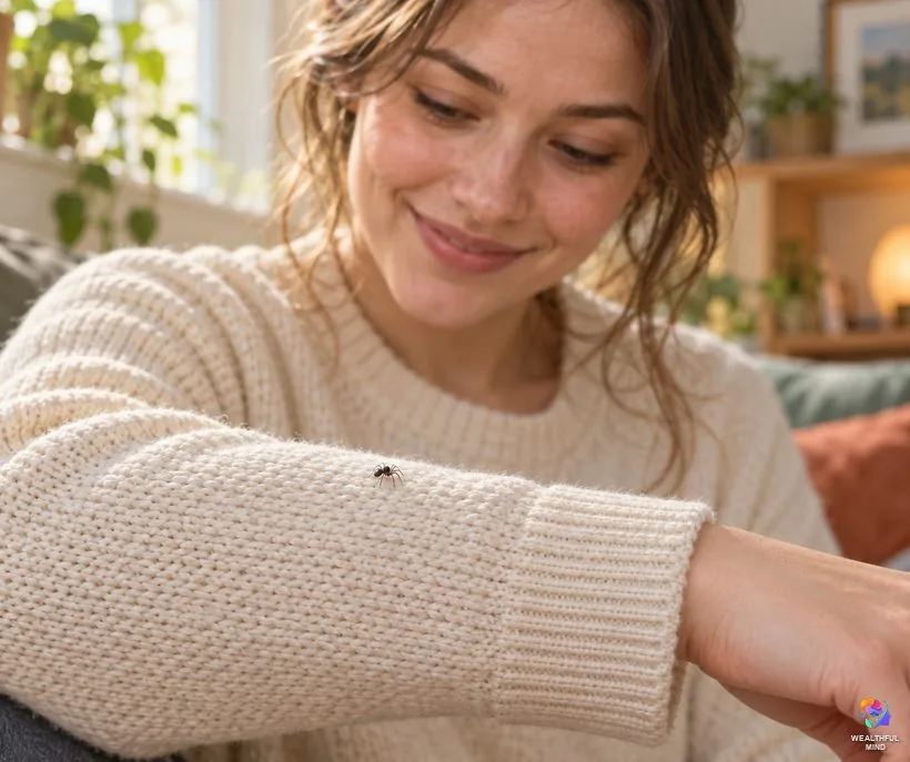 Spider crawling on you: a tiny black money spider on a young woman's knit sleeve as she smiles at it