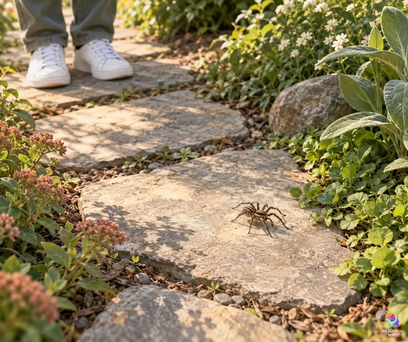 Spider crossing your path: a brown wolf spider crossing a garden stone path while a walker stops a few steps back