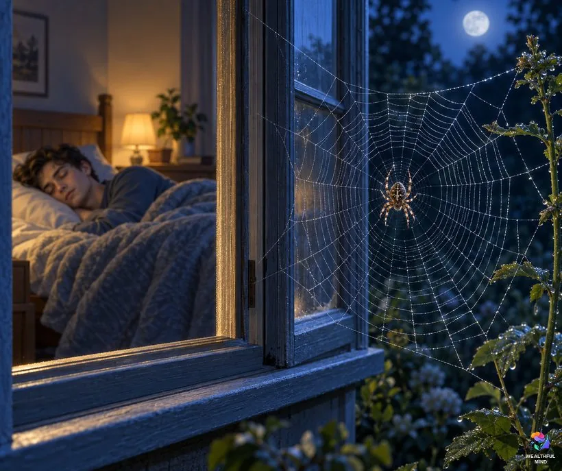 Spider dream meaning: a moonlit orb web outside a bedroom window while a young man sleeps peacefully inside