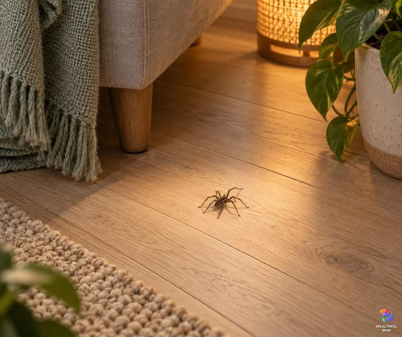 Spider in house spiritual meaning: a brown house spider walking across a cozy living room floor in lamp light