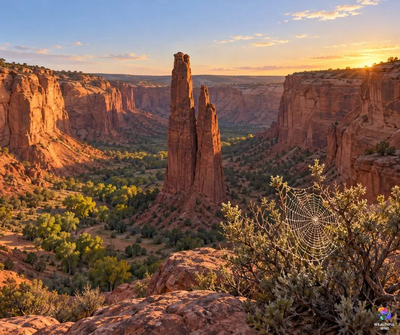 Spider spiritual meaning in stories: Spider Rock in Canyon de Chelly at sunset with a dewy web in the foreground