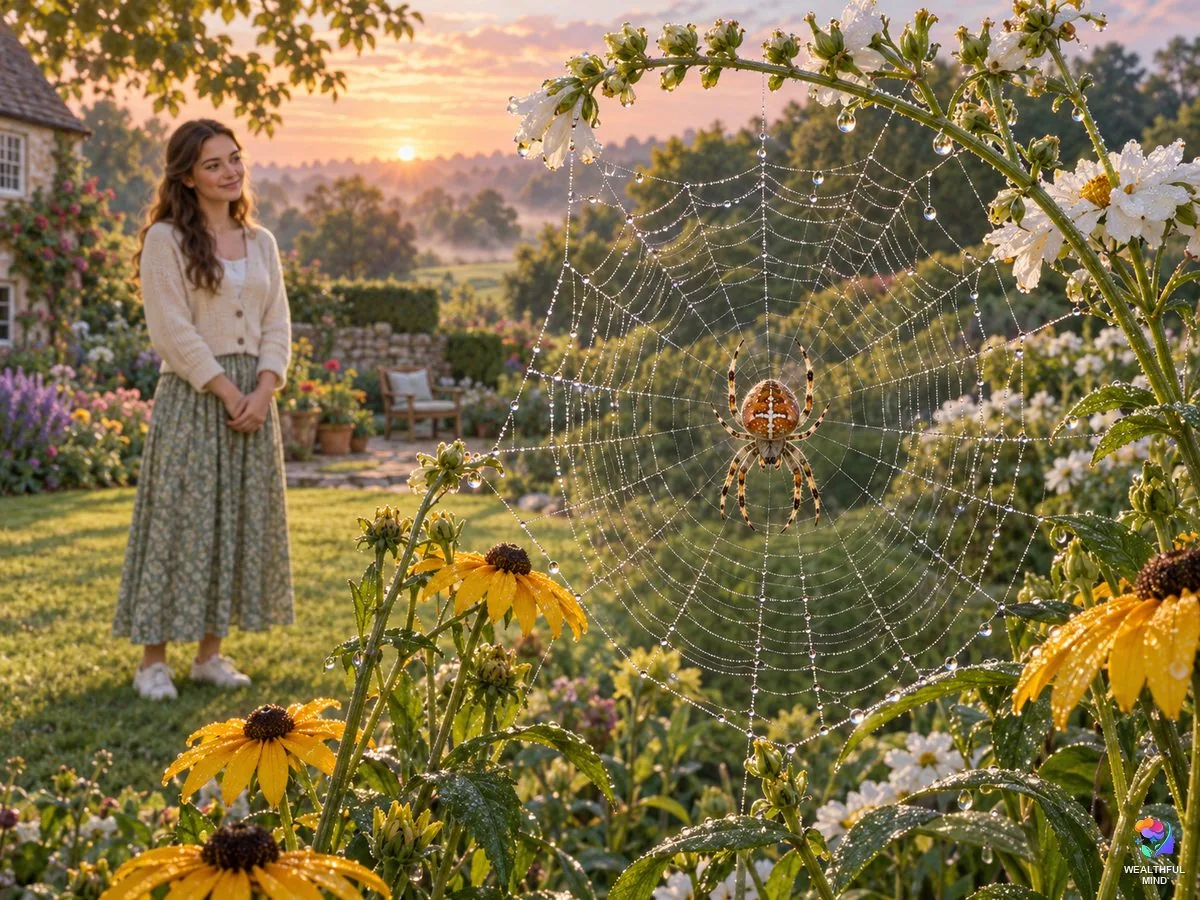 Spider spiritual meaning: a garden spider in a dewy web at sunrise with a young woman watching from the lawn