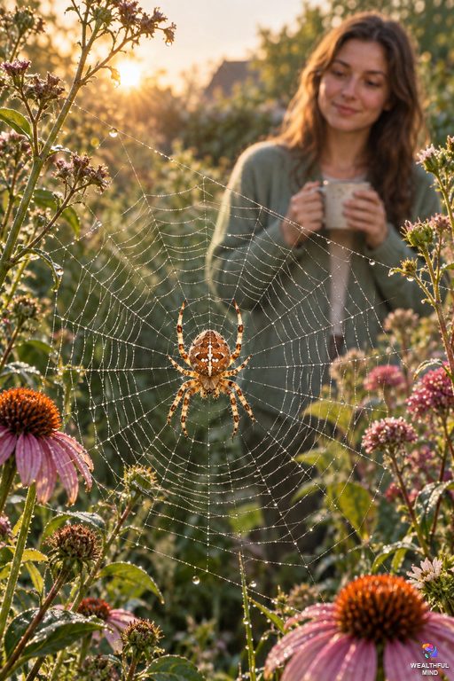Spider spiritual meaning: a garden spider in a dewy orb web at sunrise as a young woman watches calmly