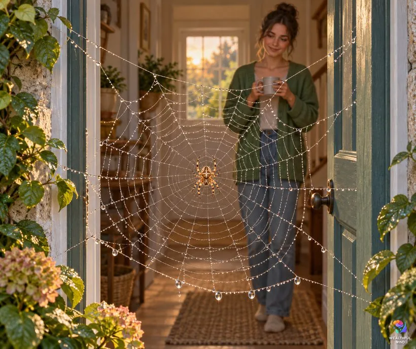Spider web across door: a garden spider in a dewy web over an open front door at dawn as a young woman pauses