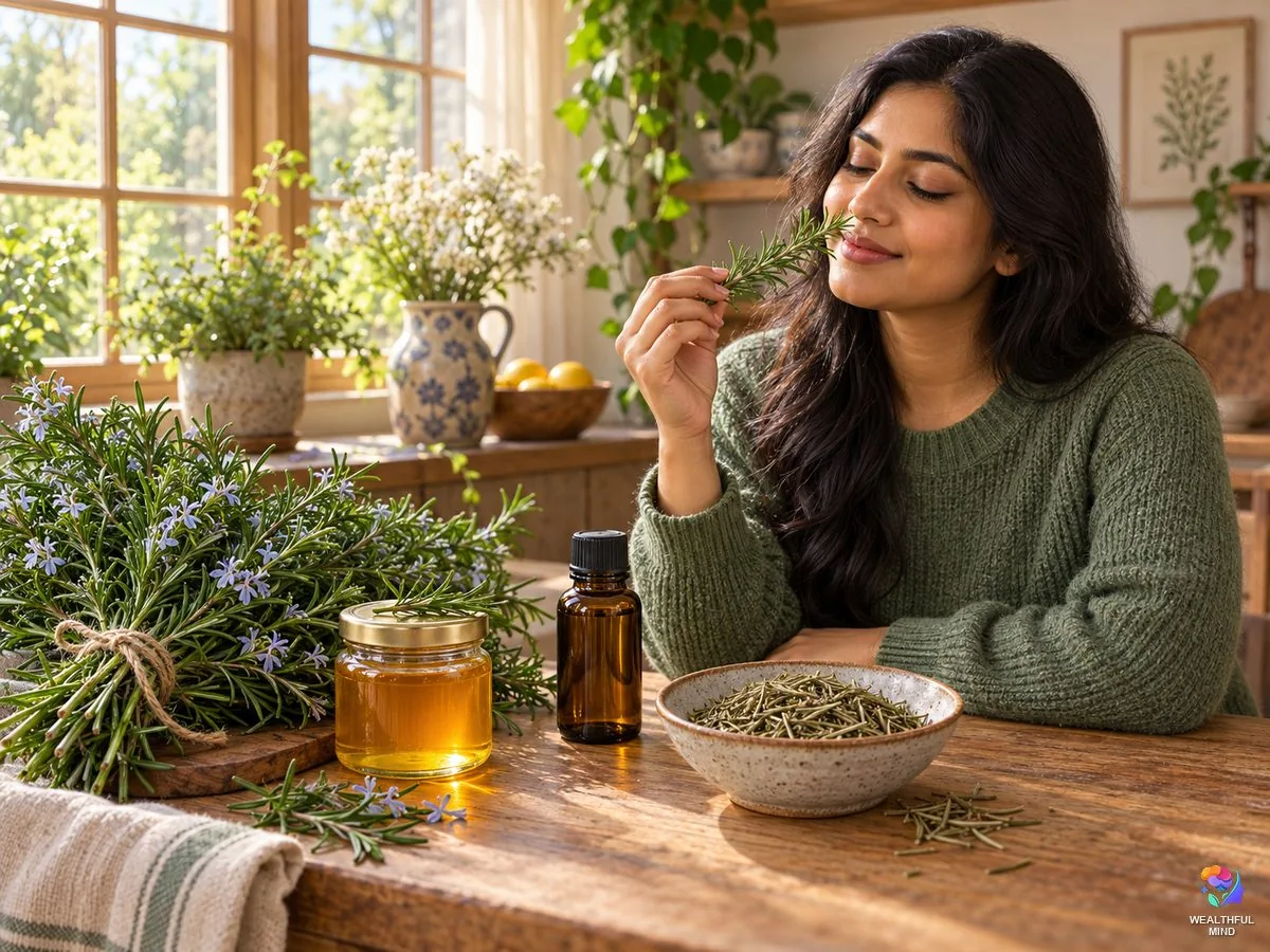Spiritual benefits of rosemary: fresh rosemary, a honey jar, a cleansing bundle and rosemary oil beside a young woman smelling a sprig