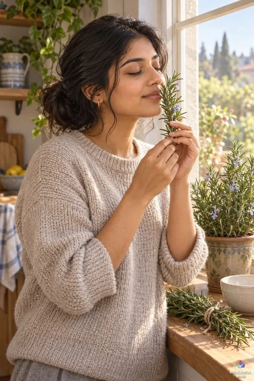Spiritual benefits of rosemary: a young woman smelling a fresh rosemary sprig beside a flowering rosemary plant on a sunny windowsill