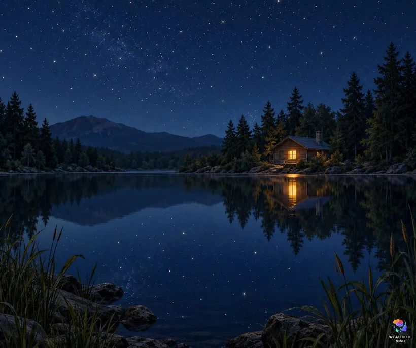 Spiritual meaning of forgetting dreams: a still lake mirroring the stars beside a quiet cabin at night