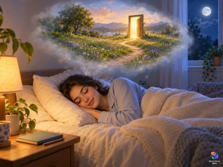 Spiritual meaning of dreams: a young woman asleep under a moonlit window as a glowing dream drifts above her