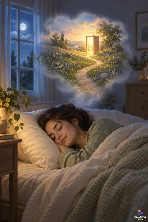 Spiritual meaning of dreams: a young woman asleep by a moonlit window as a soft dream of a glowing path drifts above her