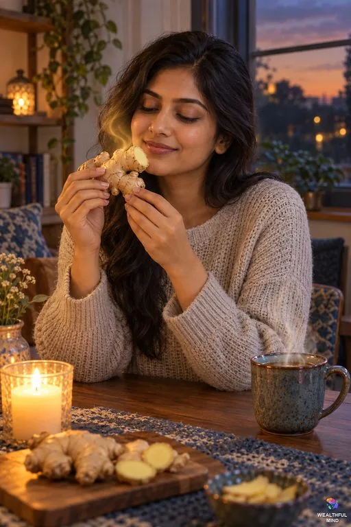 Spiritual meaning of ginger: a young woman breathing in a fresh cut ginger root by candlelight as a warm glow rises from it