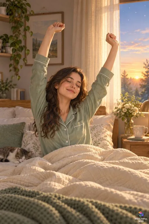 Spiritual meaning of not dreaming: a young woman waking up rested and stretching in soft sunrise light