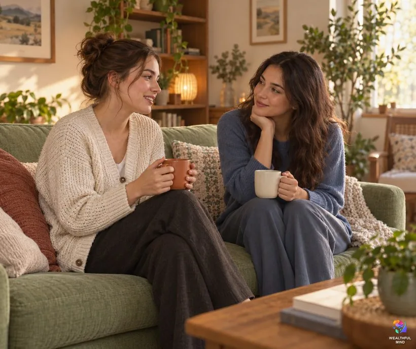 Spiritual meaning of tinnitus: two young women talking kindly on a sofa with warm mugs, one feeling supported