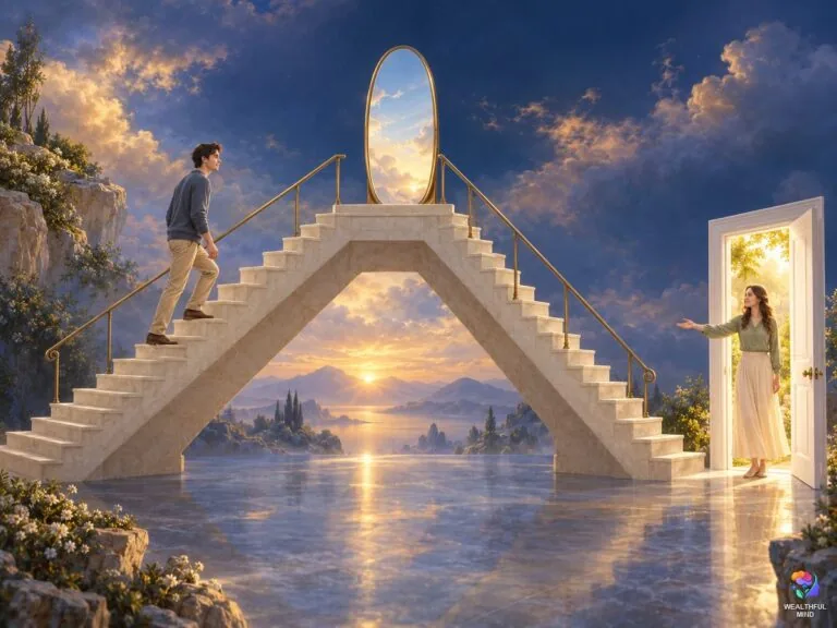 Double-sided staircase method shifting: a young man climbing toward a mirror while someone from his desired reality waits at an open door below