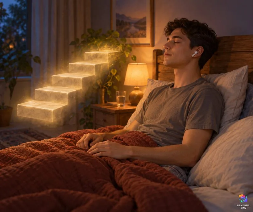 Tips for the staircase method: a young man sitting up in bed with earbuds in, eyes closed, imagining glowing steps
