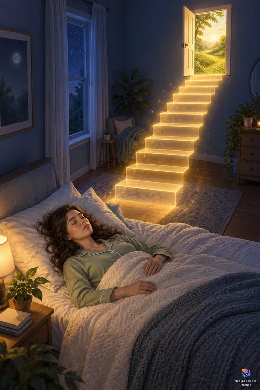 Staircase method shifting: a young woman lying in bed with her eyes closed as a staircase of light rises toward a glowing doorway
