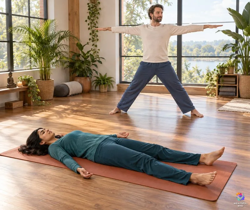 Starfish pose in yoga: Shavasana lying on a mat and the standing five-pointed star