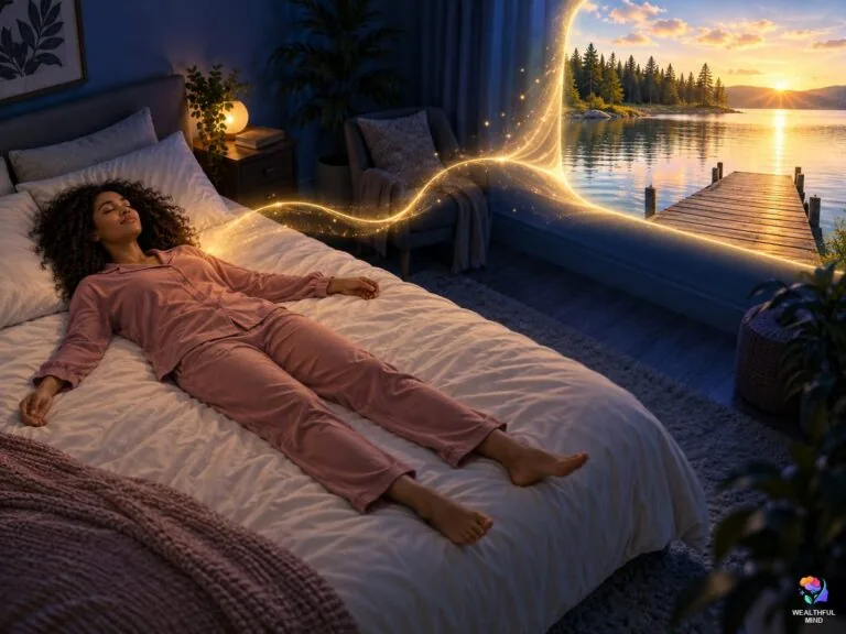 Starfish position for shifting: a young woman lying like a starfish as a path of light opens onto her desired reality