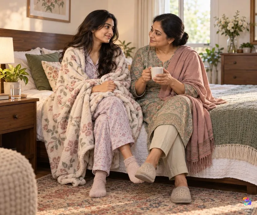 Staying safe with the starfish position for shifting: a young woman talking with her mother in the morning