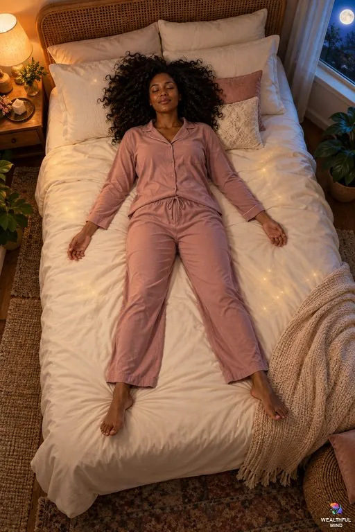 Starfish position: a young woman lying on her back in bed with her arms and legs spread so no limb touches