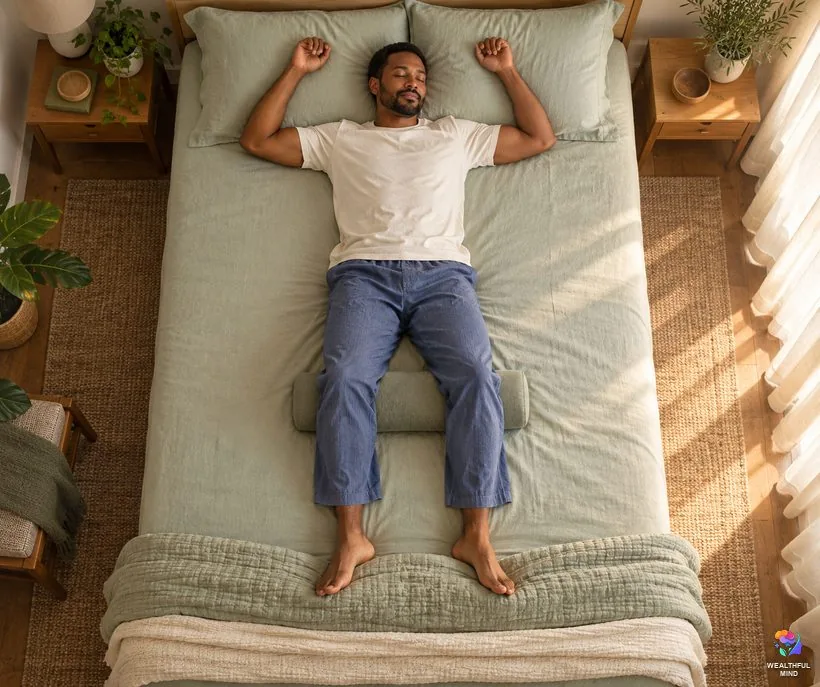 Starfish sleeping position: a young man asleep on his back with his arms up around the pillow