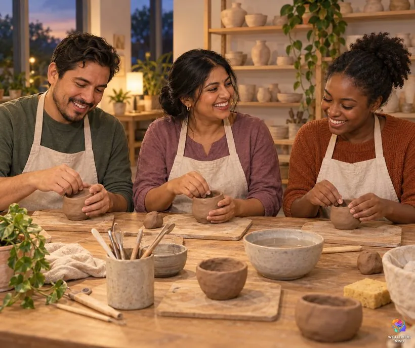 Starting over in life in different situations: adults of different ages laughing together as beginners at a community pottery class