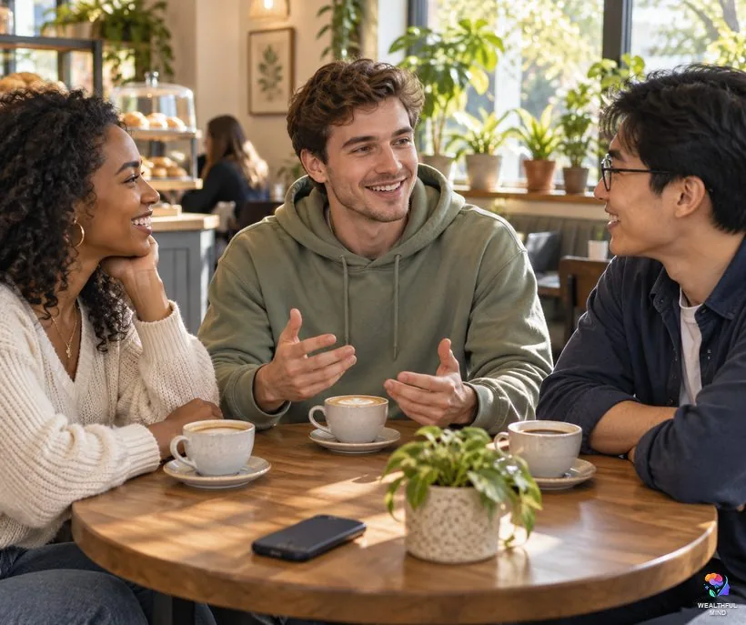 Why checking your phone keeps you stuck: a young man enjoying coffee with friends, his phone face down on the table