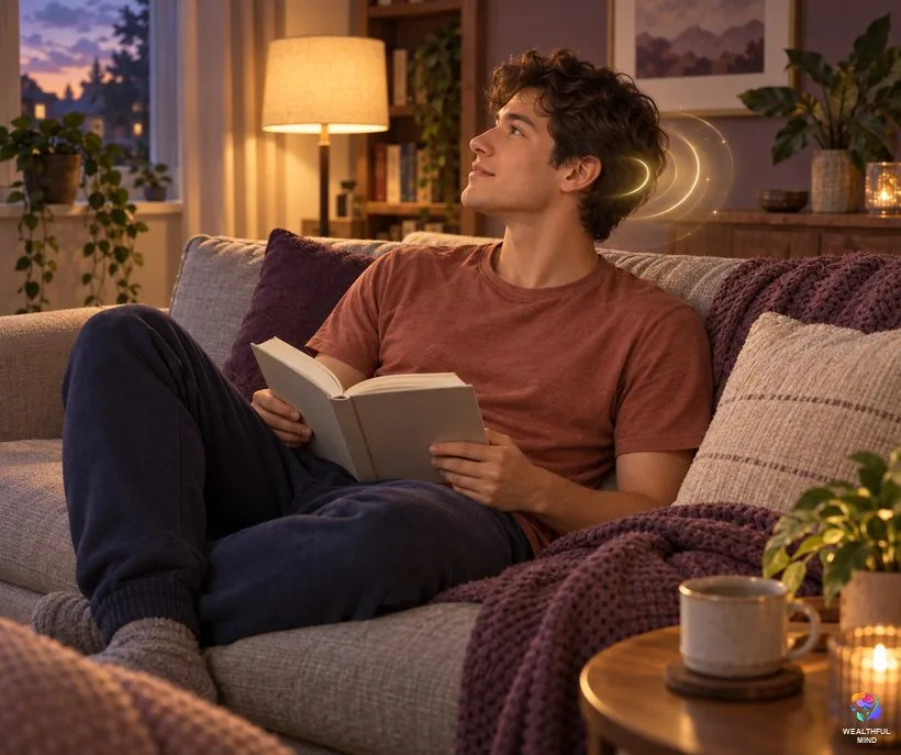 Sudden ringing in the left ear: a young man reading on a sofa looks up as if hearing a faint tone fade