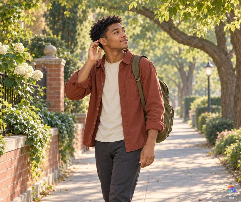 Sudden ringing in right ear for a few seconds: a young man pausing on a sidewalk, hand near his right ear