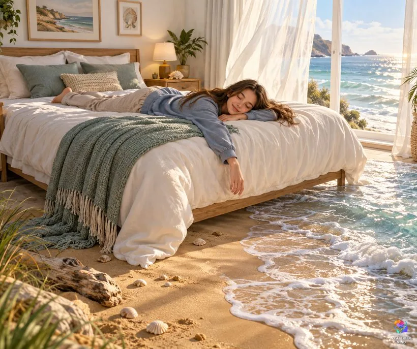 Sunni method awake version: a teenager lying on her bed with eyes closed as her room turns into a sunny beach