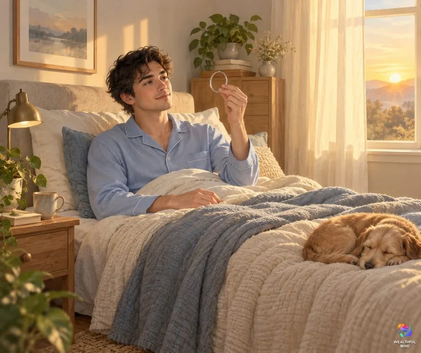 When the Sunni method doesn't work: a young man in bed studying a bracelet in the morning light, ready to try again