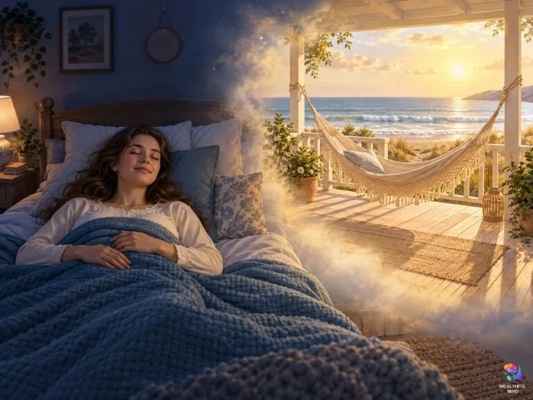 Sunni method shifting: a young woman in bed with her eyes closed as her wall opens onto a sunny beach house