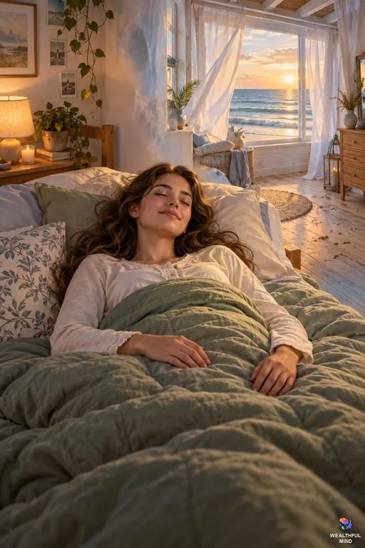 Sunni method shifting: a young woman lying in bed with her eyes closed as her room turns into a beach house bedroom