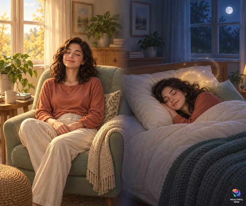 Other versions of the Sunni method: a young woman practicing in a chair by day and in bed at night