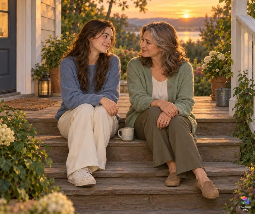 When not shifting starts to hurt: a young adult talking with their mother on porch steps at sunset