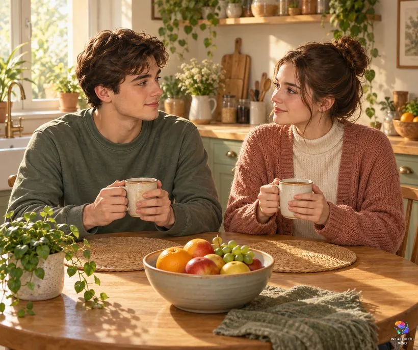 Teeth falling out dream and death fear: a young man reassured by his mother over morning tea at the kitchen table