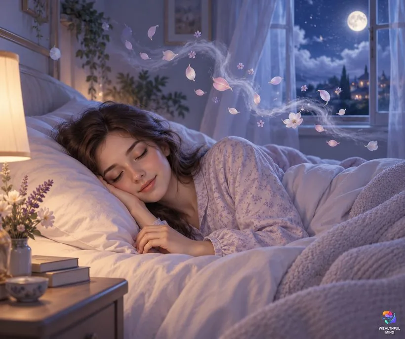 Teeth dreams by situation: a young woman asleep as pale petals drift away above her toward a moonlit window