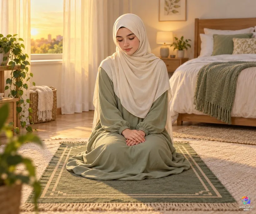Teeth falling out in a dream in Islam: a young woman sitting calmly on a prayer mat in her bedroom at dawn