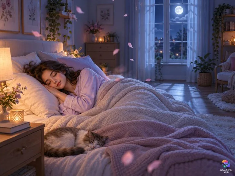 Teeth falling out dream meaning: a young woman sleeping peacefully as a soft dreamy glow drifts above her
