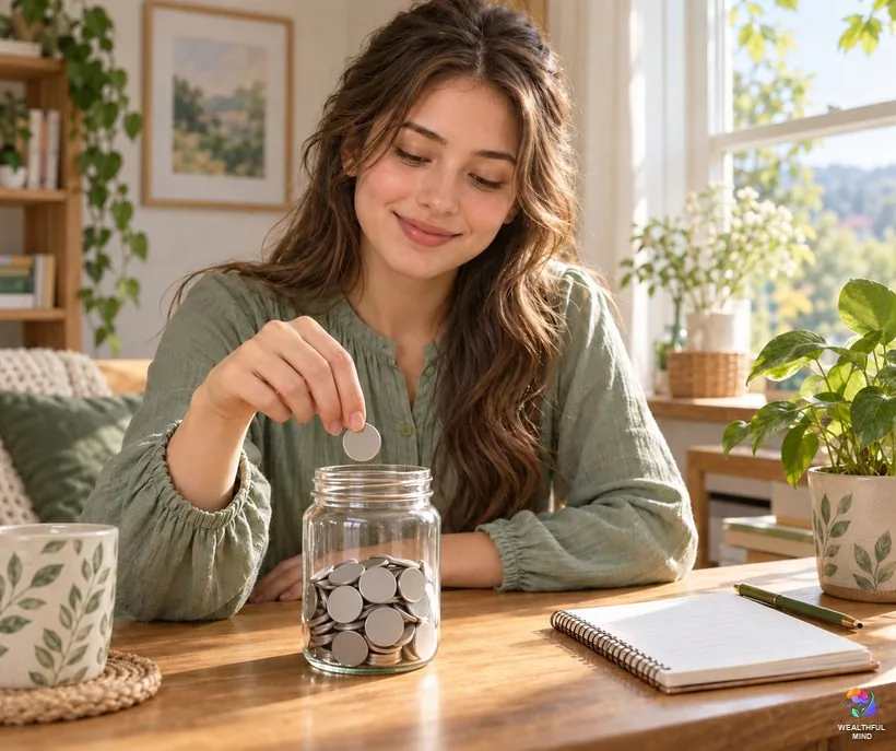 Teeth dream money and good luck: a young woman smiling as she drops a coin into a glass savings jar by a window