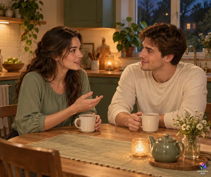 Telling a partner about reality shifting: a young couple talking over tea at the kitchen table