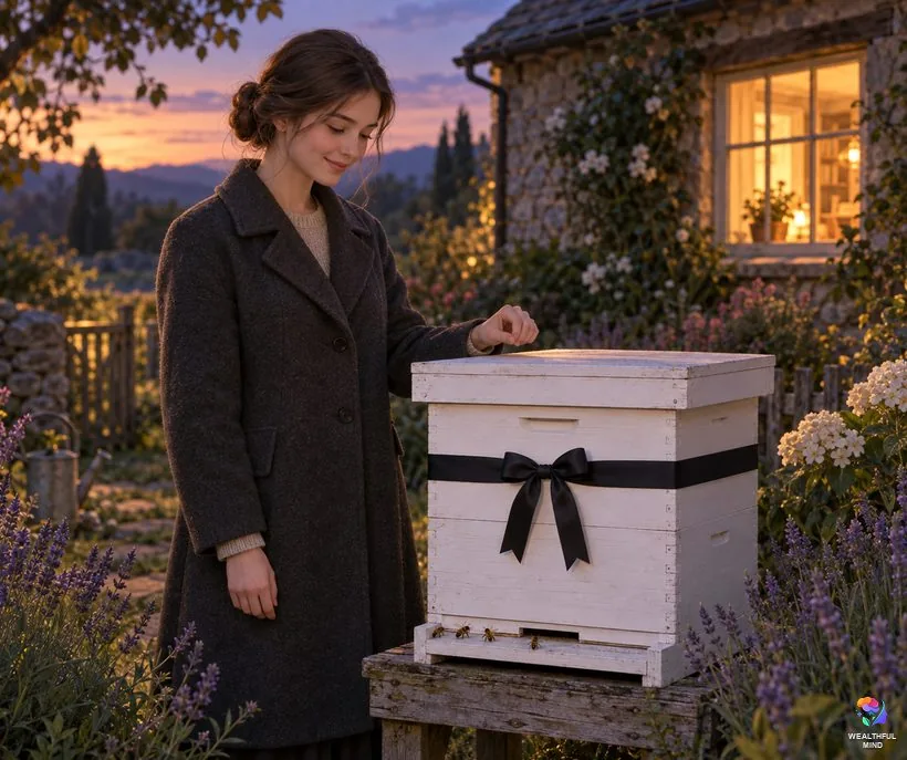 Telling the bees: a young woman gently knocking on a beehive tied with a black ribbon in a garden at dusk