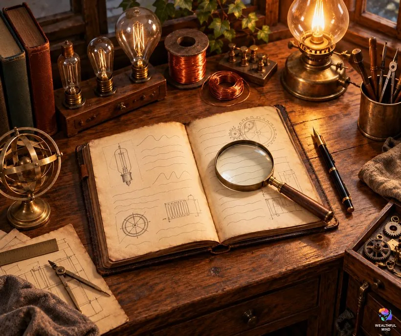 Tesla 369 method quote: an old inventor's desk with a notebook and magnifying glass, checking where the quote came from