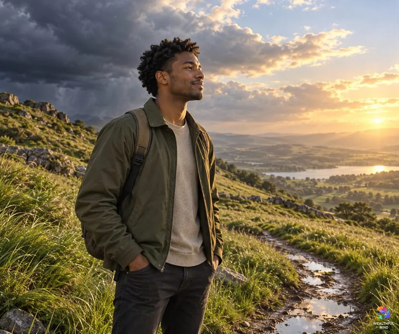 This too shall pass: a young man on a hill path watching storm clouds clear and sunlight return