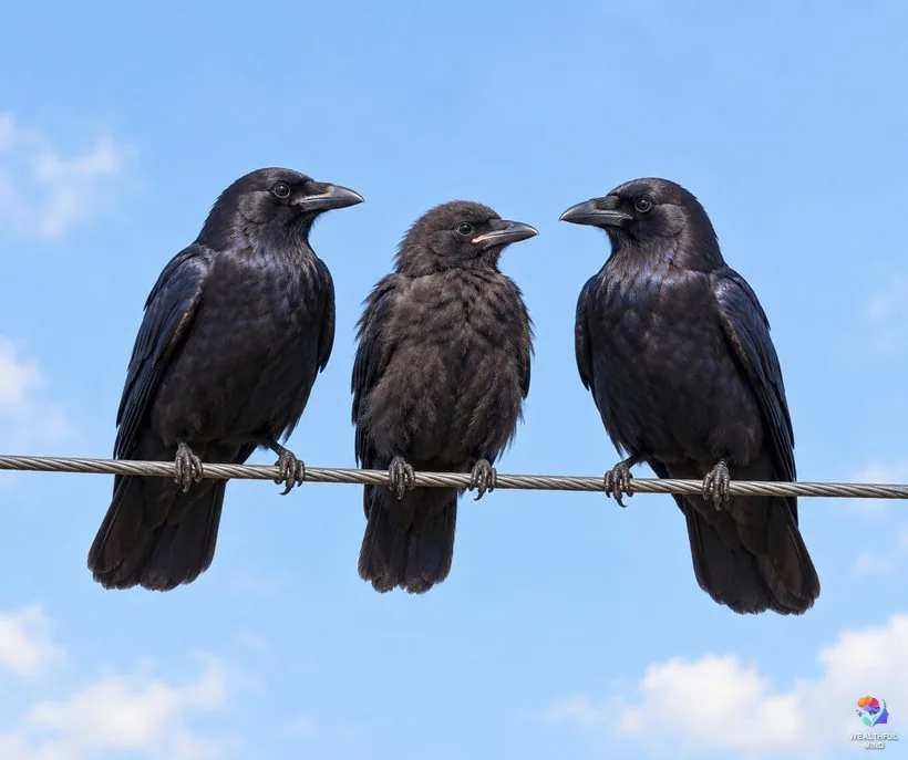Three crows spiritual meaning: two adult American crows and their young one sitting together on a summer power line